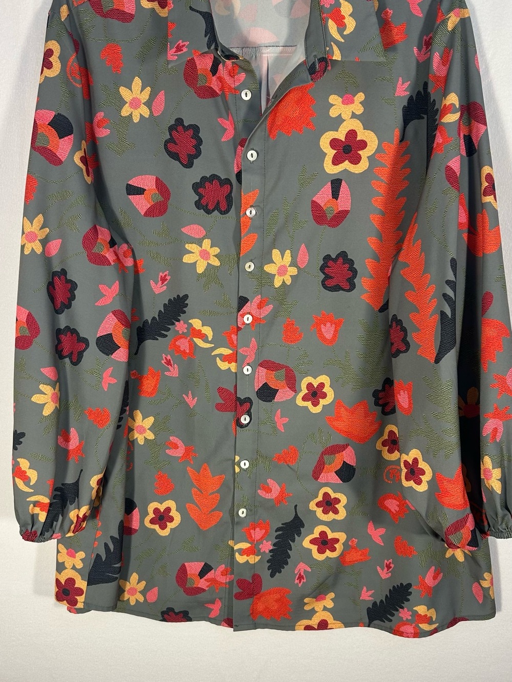 Womens Floral Button-Up Blouse in Olive with Red & Yellow Accents